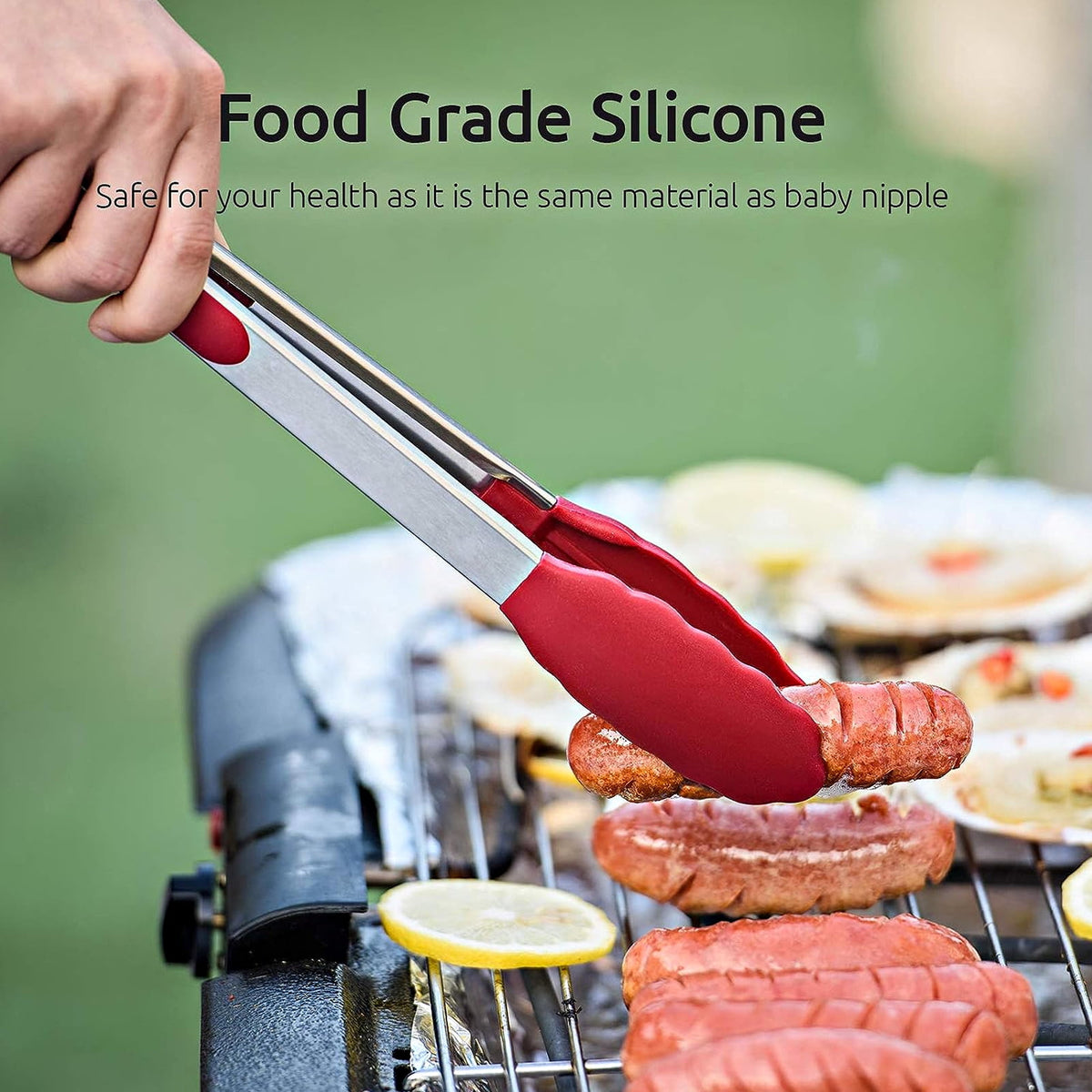 Locking Kitchen Tongs with Silicone Tips, Set of 3 in 7, 9 and 12 Inch, Stainless Steel, Red - Image 6