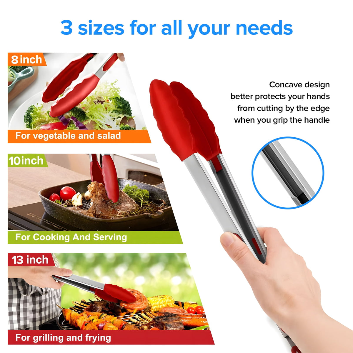 Locking Kitchen Tongs with Silicone Tips, Set of 3 in 7, 9 and 12 Inch, Stainless Steel, Red - Image 5