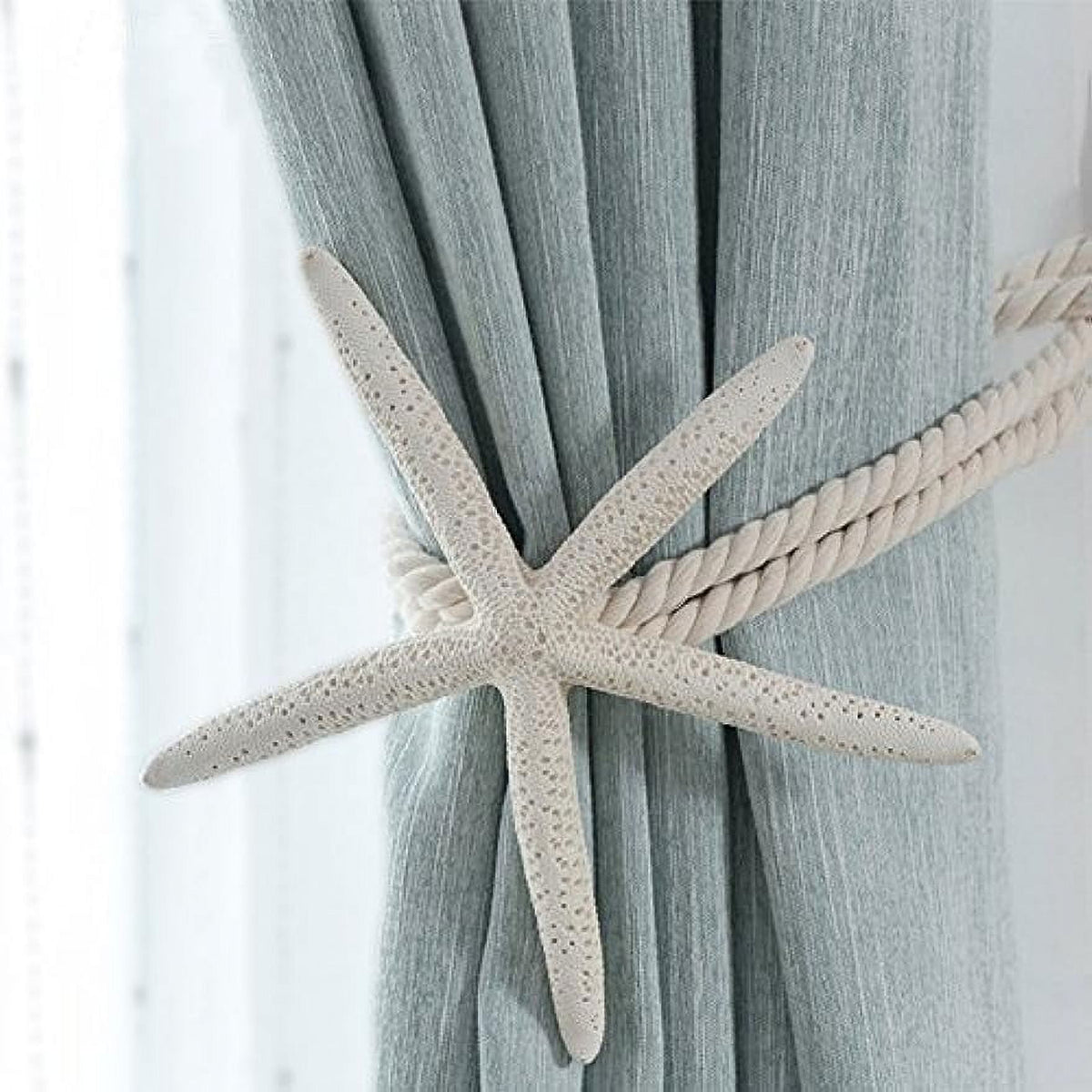 Starfish Rope Curtain Tiebacks, Set of 2, 20.47 Inch Cotton Cord Holdbacks in Beige and White - Image 2