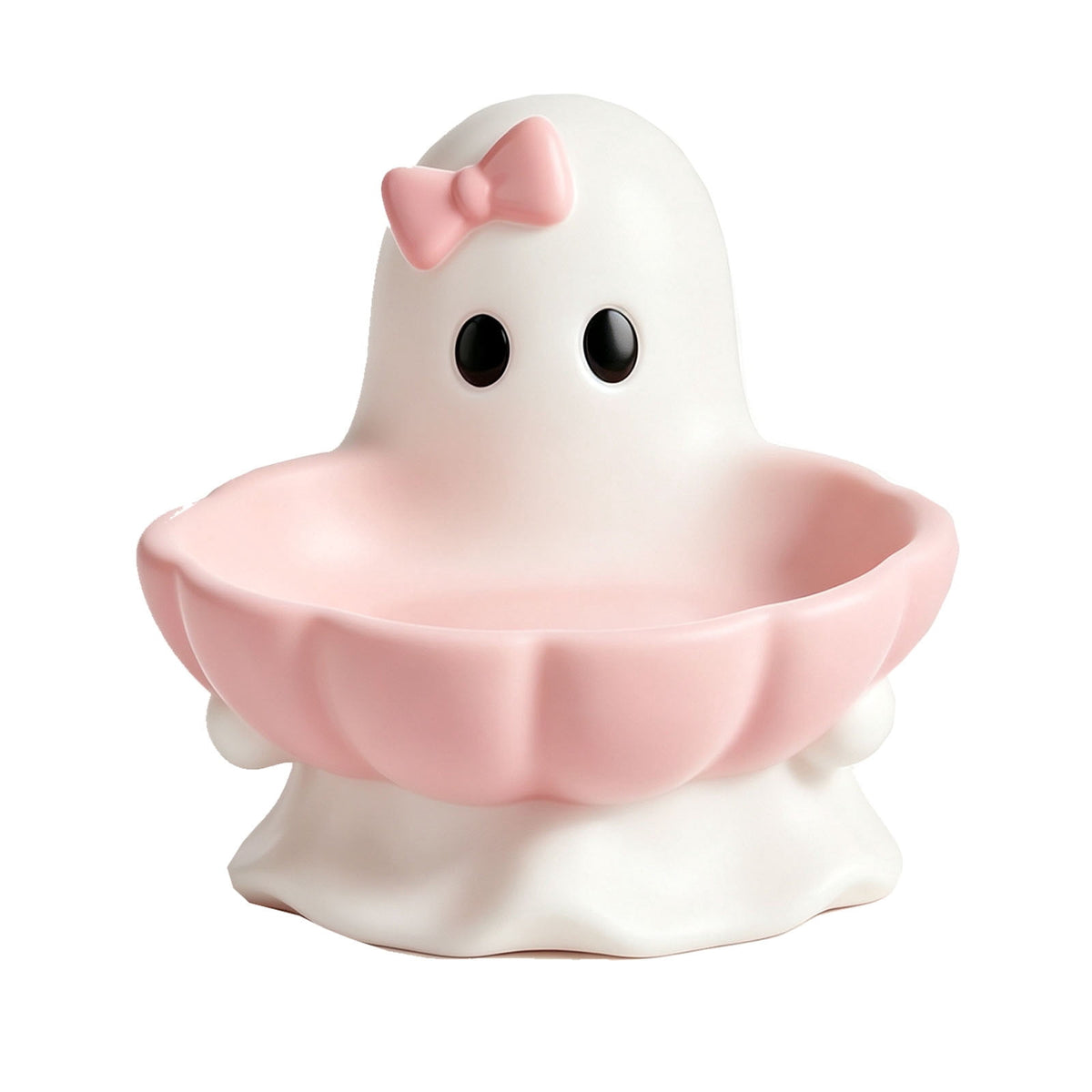 Ghost Figurine Candy Bowl with Pink Bow, 3.94 Inch Resin Treat Holder in Scalloped Shell for Halloween Tables