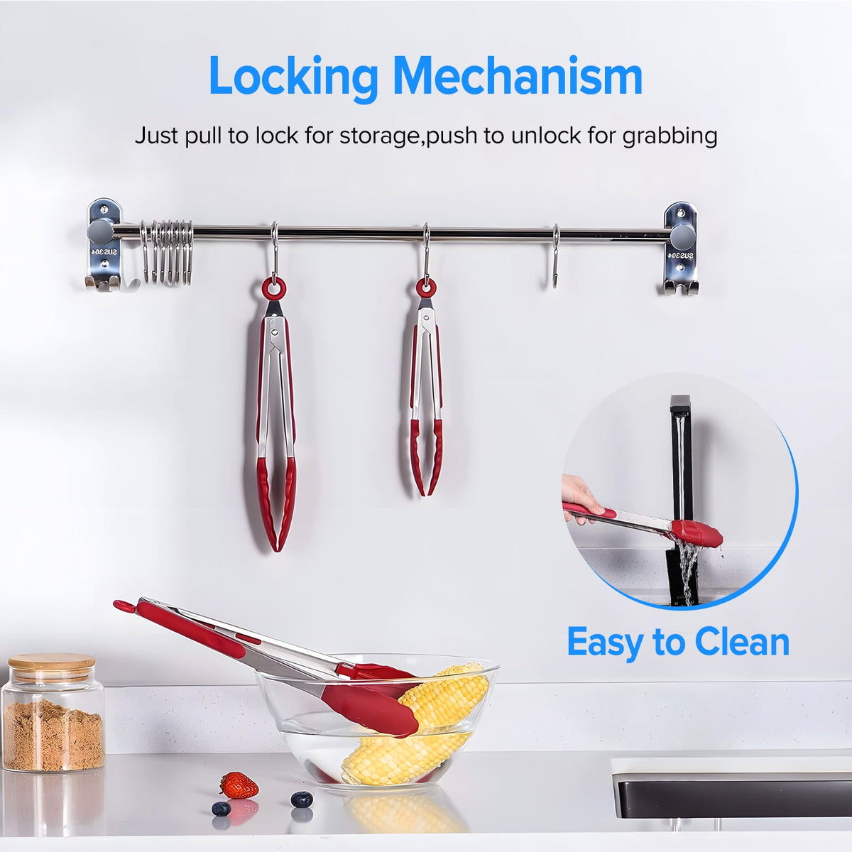 Locking Kitchen Tongs with Silicone Tips, Set of 3 in 7, 9 and 12 Inch, Stainless Steel, Red - Image 3