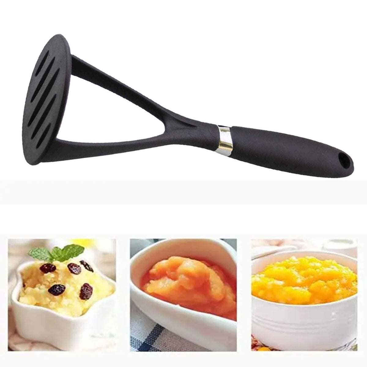 Silicone-Head Potato Masher, Heavy-Duty Metal Core with Soft Grip for Beans, Vegetables and Fruit, Black - Image 2