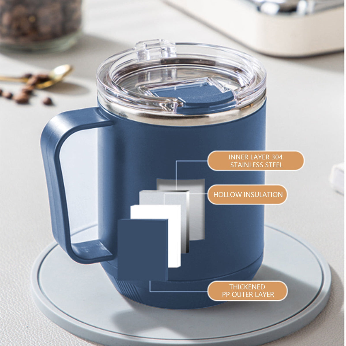 Double-Wall Insulated Coffee Mug, 15 oz Stainless Steel Cup with Handle and Sliding Lid in Blue - Image 4
