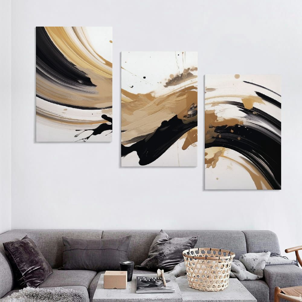 Abstract Canvas Wall Art, Set of 3 Panels, 12 x 16 Inch Black and Brown Minimalist Prints on Wood Frames - Image 4