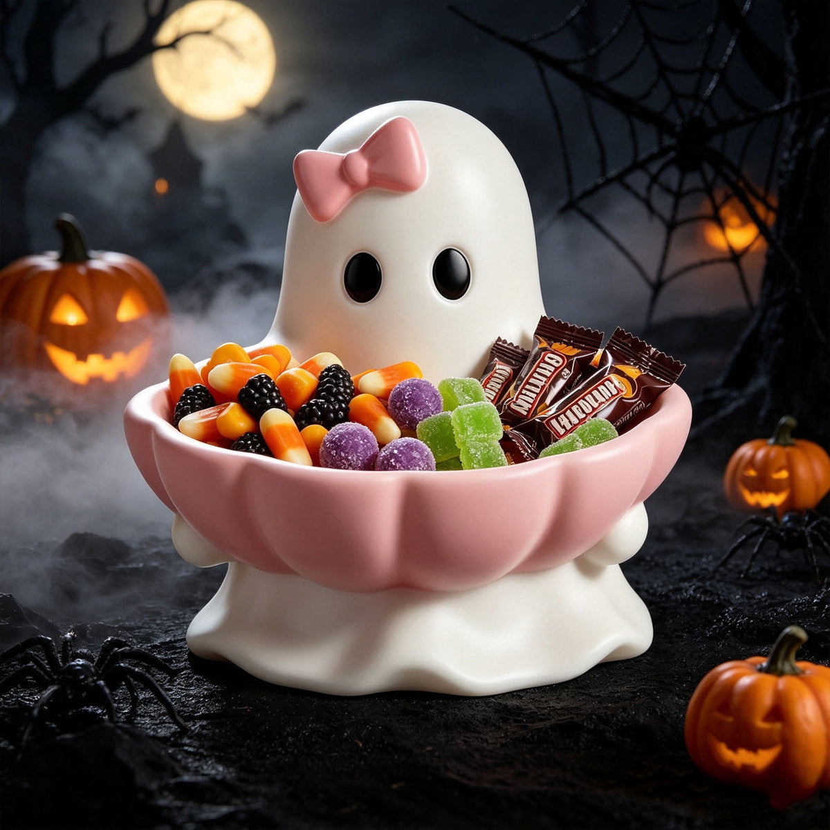 Ghost Figurine Candy Bowl with Pink Bow, 3.94 Inch Resin Treat Holder in Scalloped Shell for Halloween Tables - Image 4