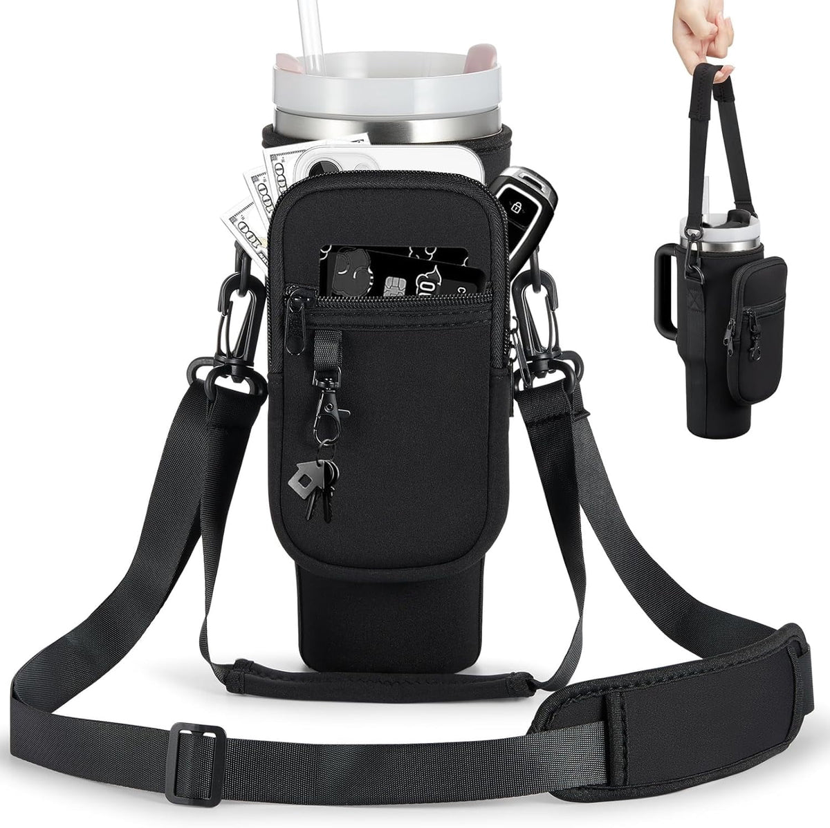 Neoprene Tumbler Carrier Bag with Phone Pocket, Fits 30 and 40 oz Cups, Adjustable Shoulder Strap, Black