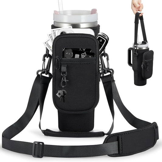 Neoprene Tumbler Carrier Bag with Phone Pocket, Fits 30 and 40 oz Cups, Adjustable Shoulder Strap, Black
