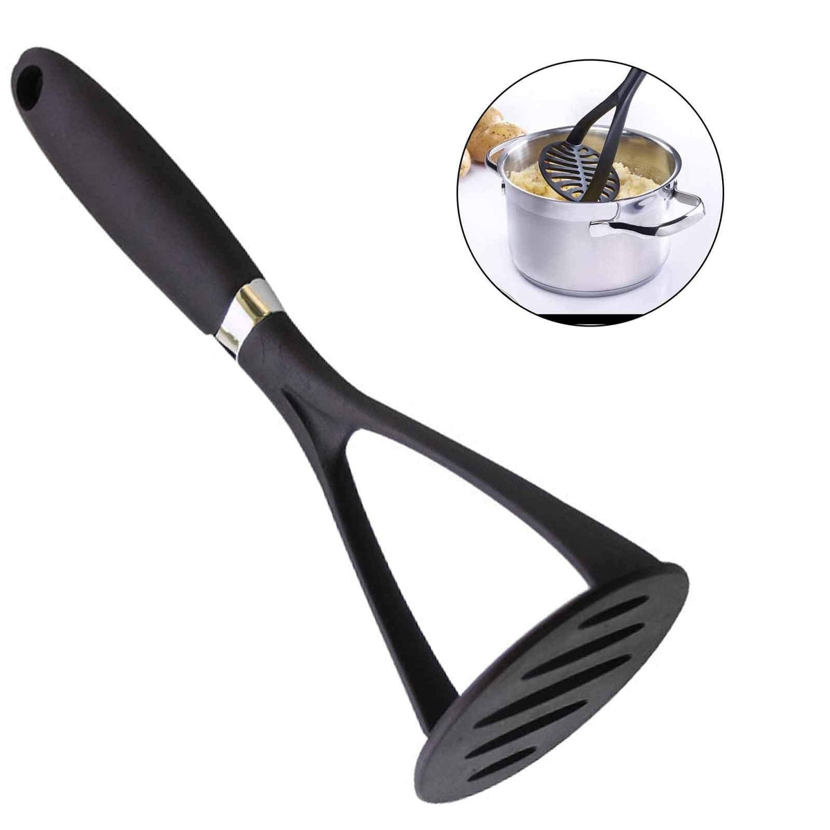 Silicone-Head Potato Masher, Heavy-Duty Metal Core with Soft Grip for Beans, Vegetables and Fruit, Black - Image 3