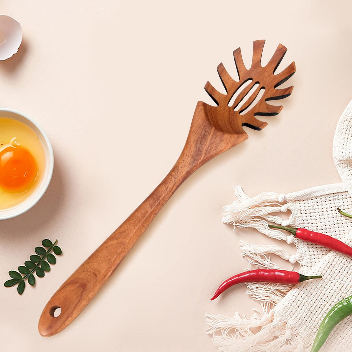 Acacia Wood Spaghetti Server, 12.6 Inch Slotted Pasta Spoon with Teeth for Serving from Large Pots - Image 2