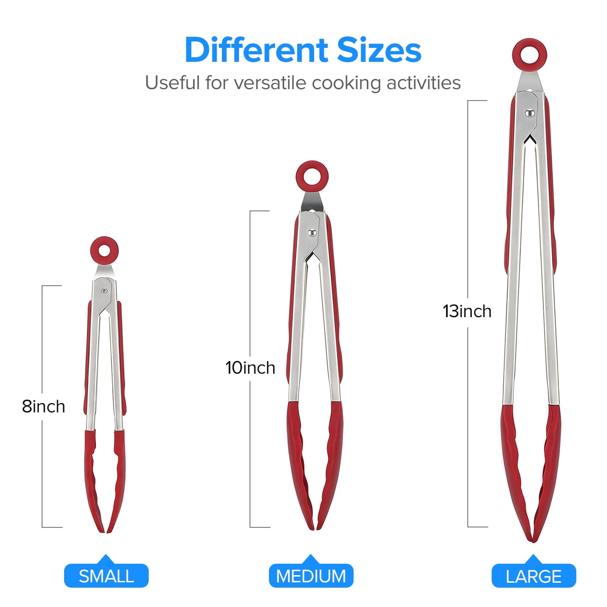 Locking Kitchen Tongs with Silicone Tips, Set of 3 in 7, 9 and 12 Inch, Stainless Steel, Red - Image 2