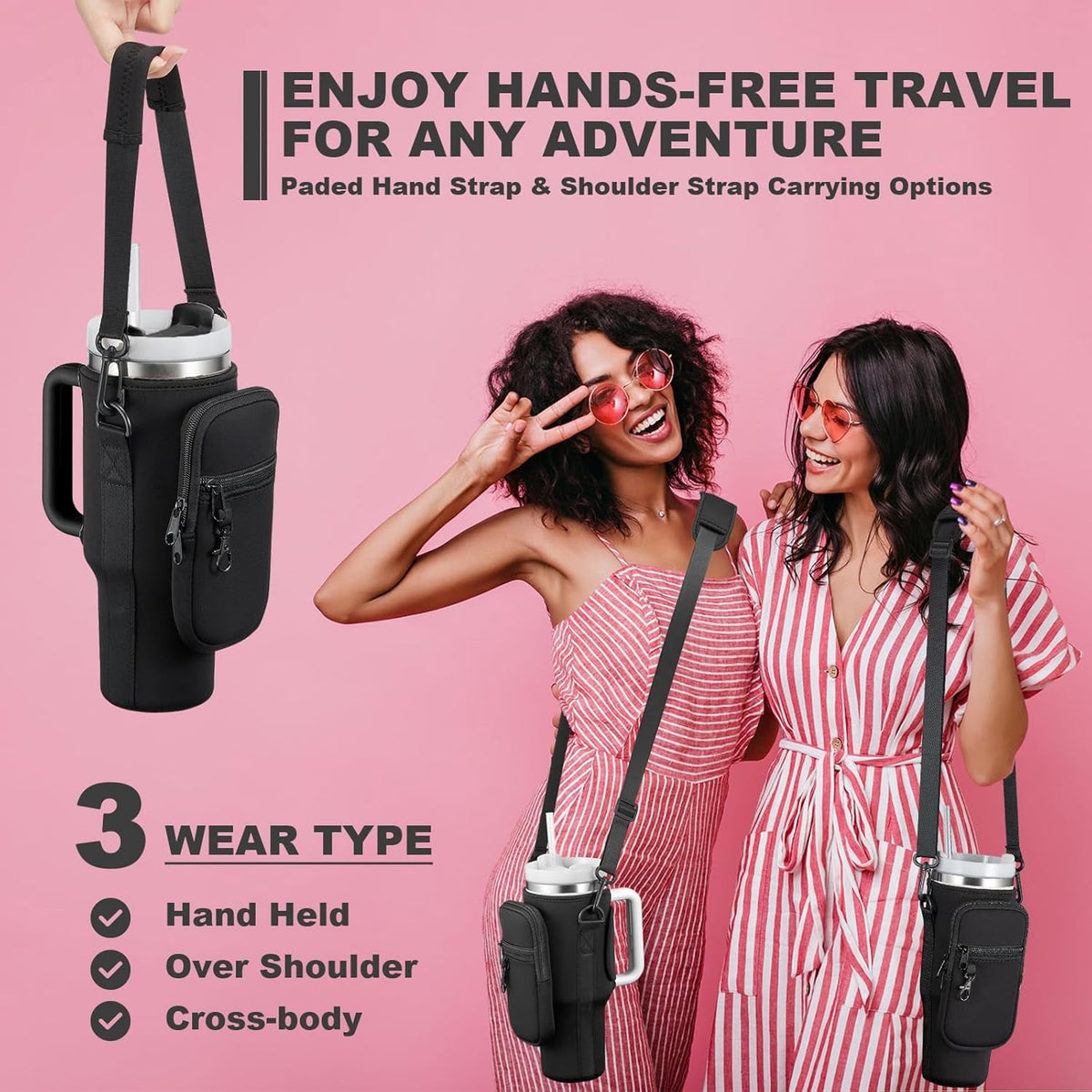Neoprene Tumbler Carrier Bag with Phone Pocket, Fits 30 and 40 oz Cups, Adjustable Shoulder Strap, Black - Image 5