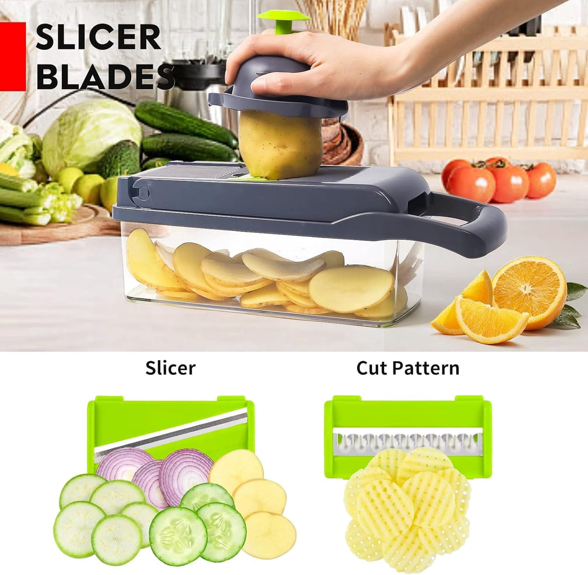 Multifunction Vegetable Chopper with Mandoline Blades, 16-Piece Dicer Set with Container, Grater and Peeler - Image 5