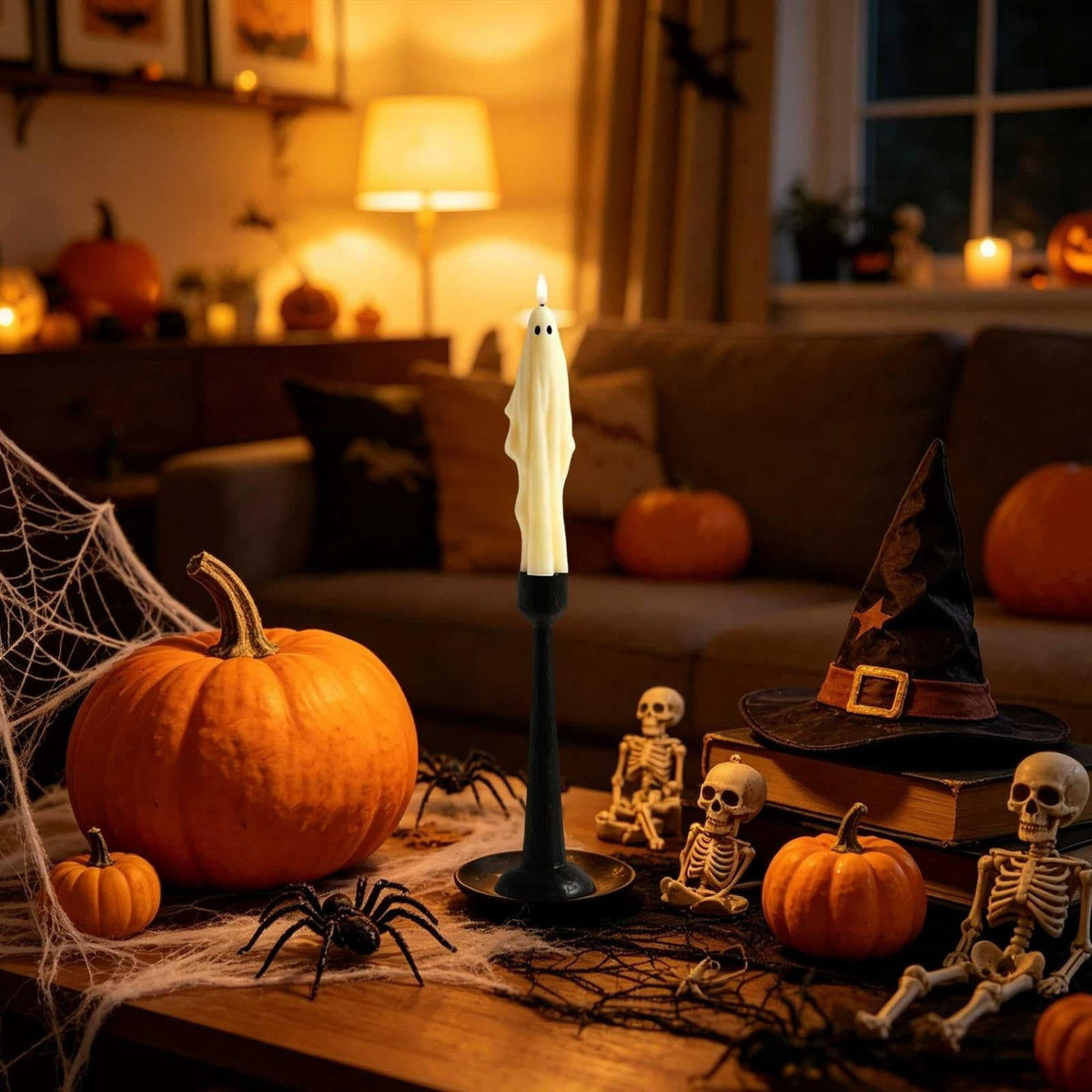 Ghost LED Taper Candle on Resin Holder, 9.5 Inch Flickering Tabletop Light for Halloween Mantels and Parties - Image 3