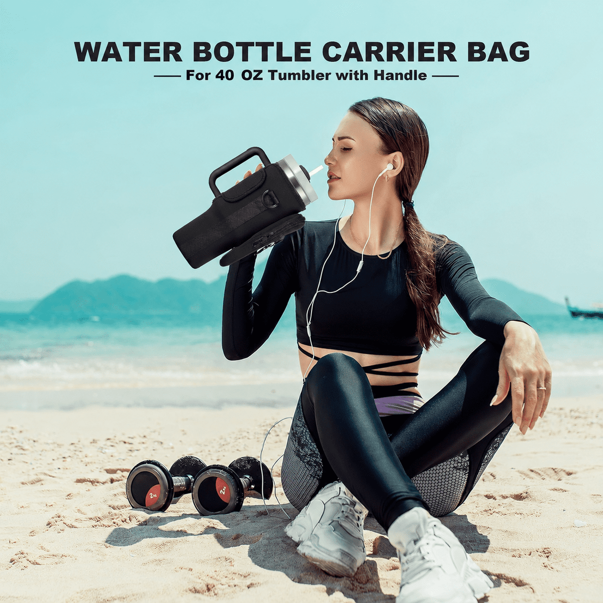 Neoprene Tumbler Carrier Bag with Phone Pocket, Fits 30 and 40 oz Cups, Adjustable Shoulder Strap, Black - Image 2