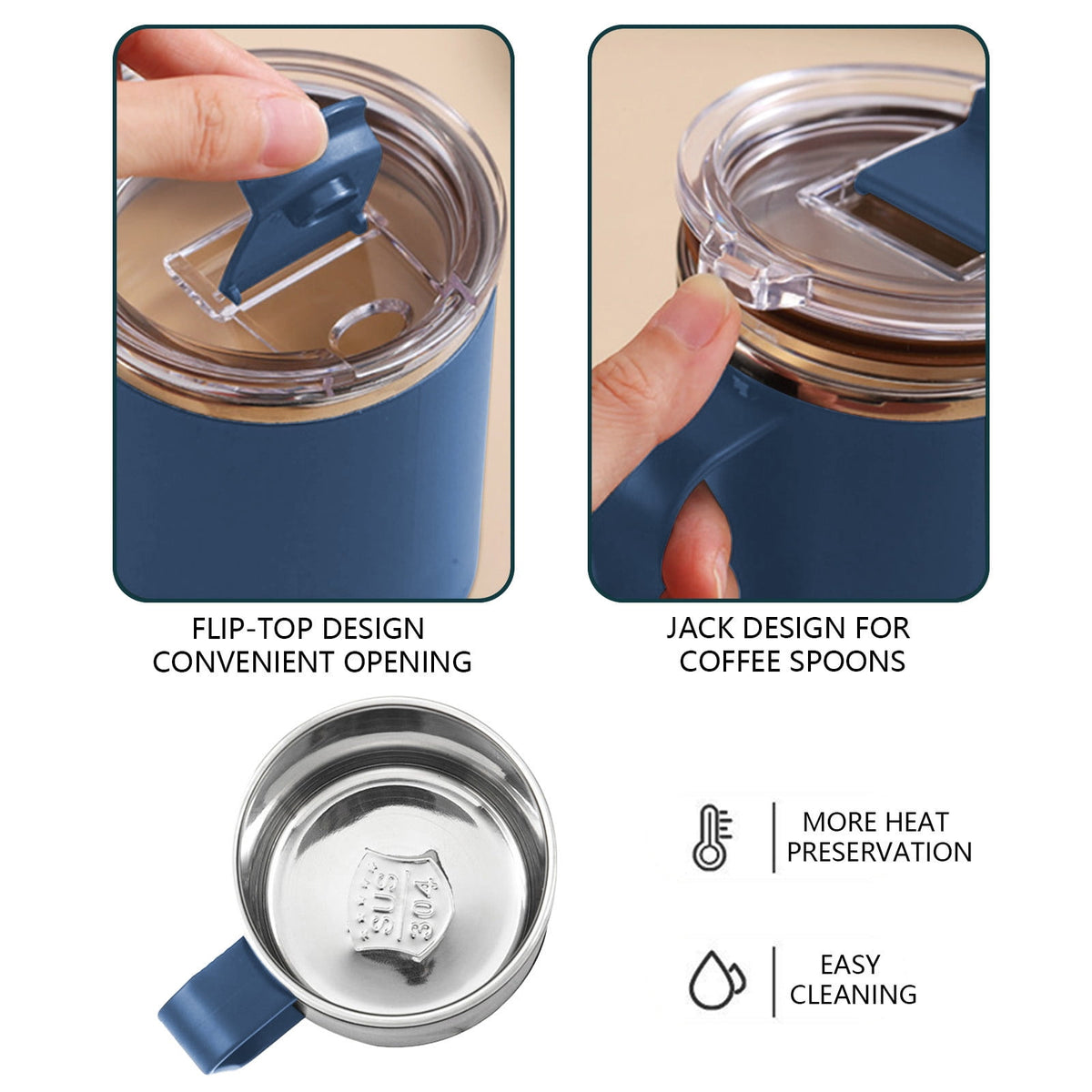 Double-Wall Insulated Coffee Mug, 15 oz Stainless Steel Cup with Handle and Sliding Lid in Blue - Image 5