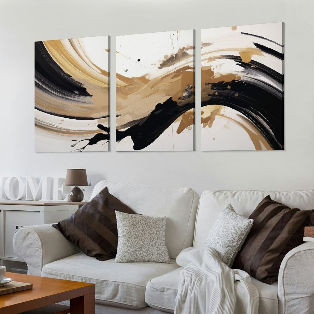 Abstract Canvas Wall Art, Set of 3 Panels, 12 x 16 Inch Black and Brown Minimalist Prints on Wood Frames - Image 2