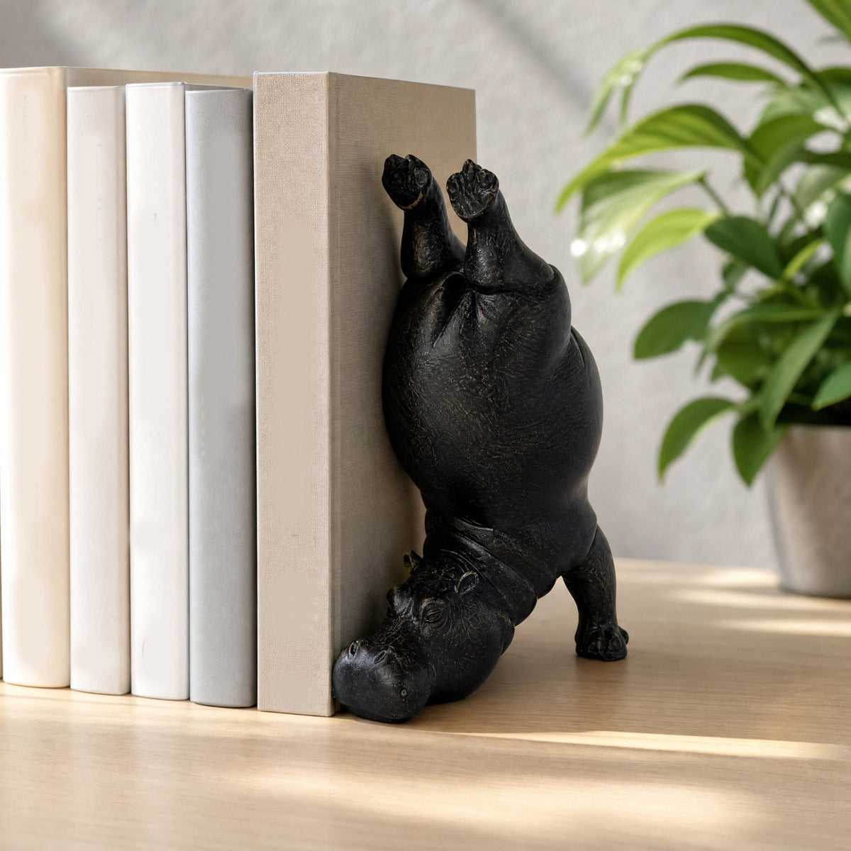 Resin Hippo Bookend, Single Sculptural Book Stopper in Black or White for Shelves and Desks - Image 6