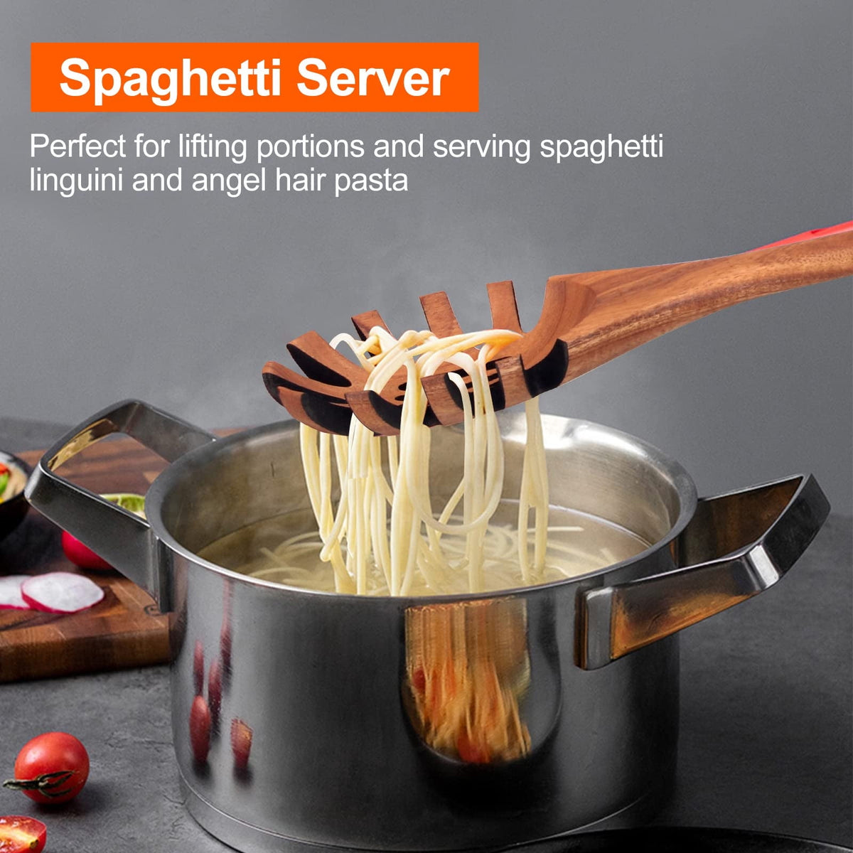 Acacia Wood Spaghetti Server, 12.6 Inch Slotted Pasta Spoon with Teeth for Serving from Large Pots - Image 5