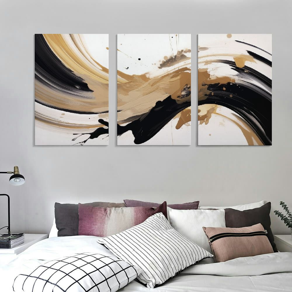 Abstract Canvas Wall Art, Set of 3 Panels, 12 x 16 Inch Black and Brown Minimalist Prints on Wood Frames - Image 3