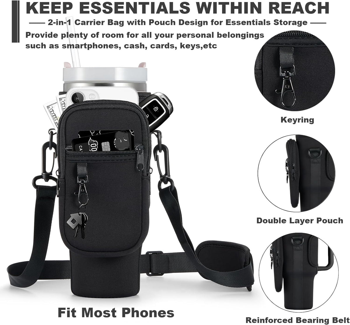 Neoprene Tumbler Carrier Bag with Phone Pocket, Fits 30 and 40 oz Cups, Adjustable Shoulder Strap, Black - Image 3