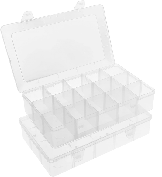 Clear Craft Storage Box, 2-Pack, 15 Compartments with Adjustable Dividers for Beads, Ribbons and Small Parts