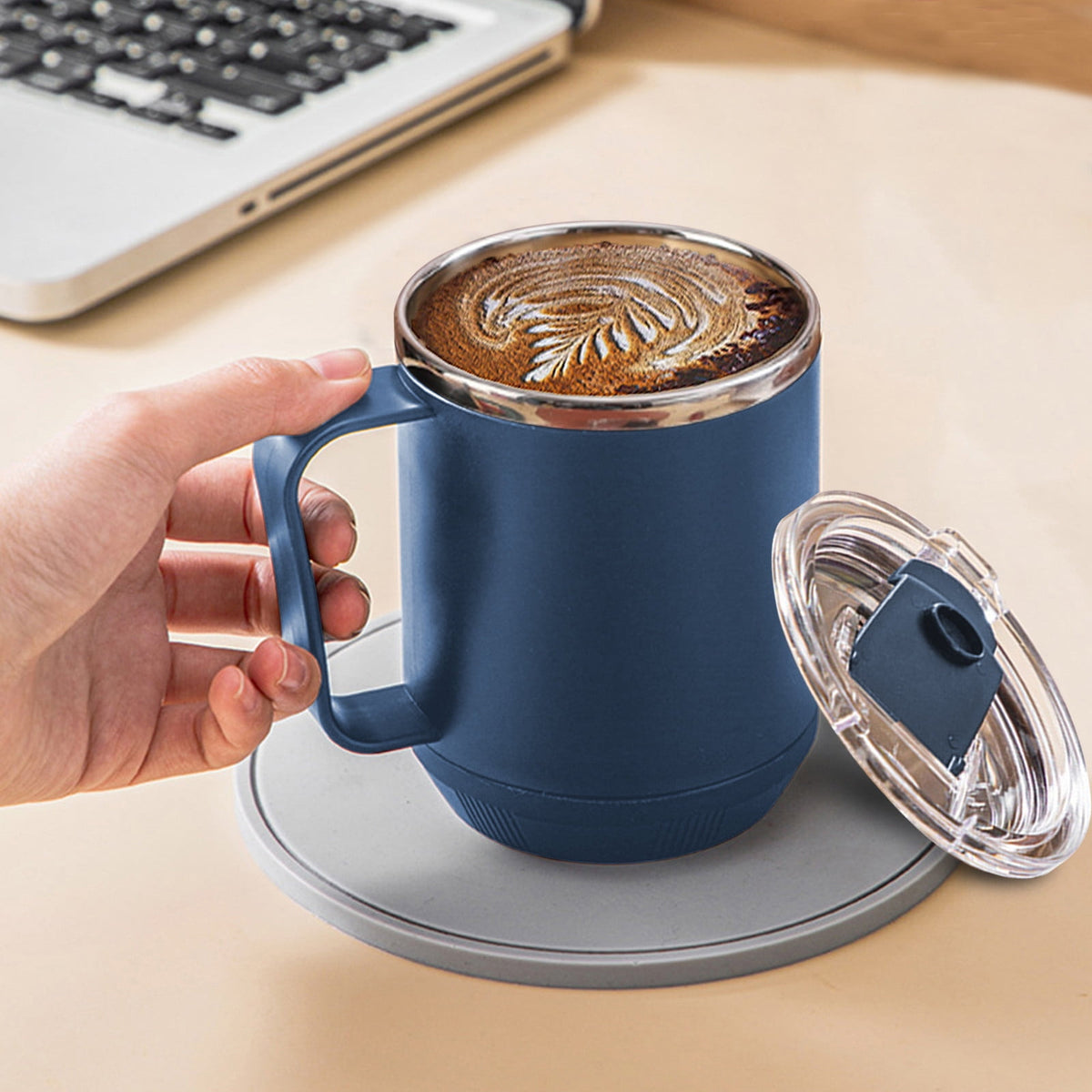 Double-Wall Insulated Coffee Mug, 15 oz Stainless Steel Cup with Handle and Sliding Lid in Blue - Image 2