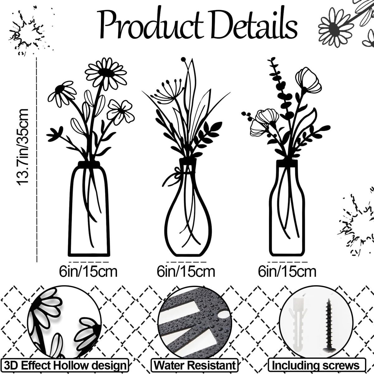 Black Metal Flower Wall Art, Set of 3 Minimalist Hanging Stems for Rustic Farmhouse Walls - Image 3