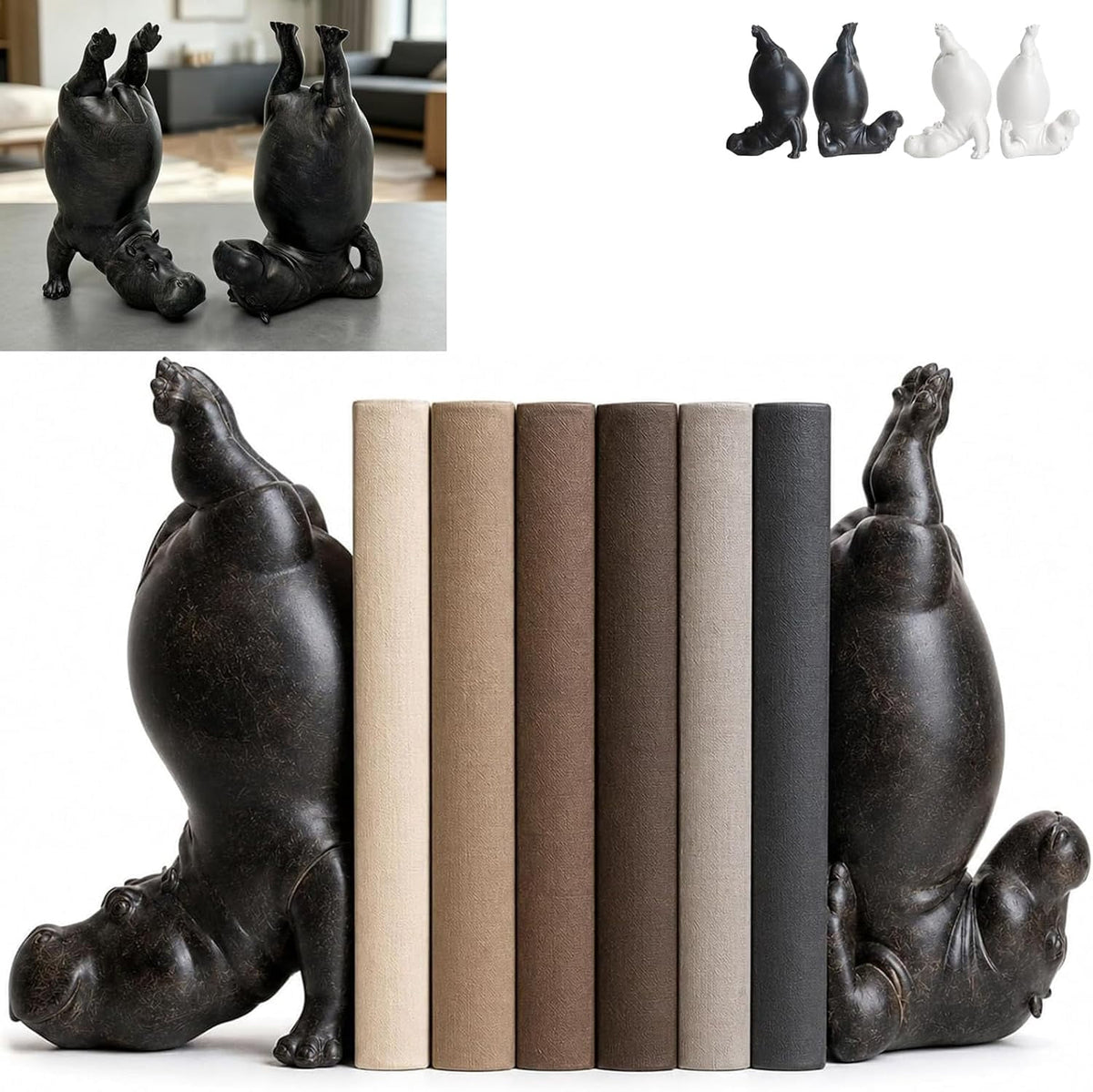 Resin Hippo Bookend, Single Sculptural Book Stopper in Black or White for Shelves and Desks - Image 2