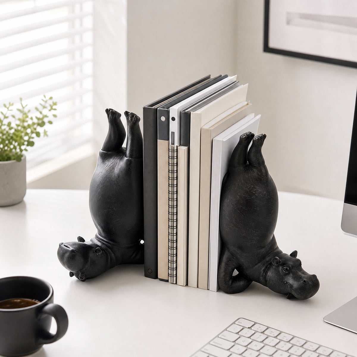 Resin Hippo Bookend, Single Sculptural Book Stopper in Black or White for Shelves and Desks - Image 4