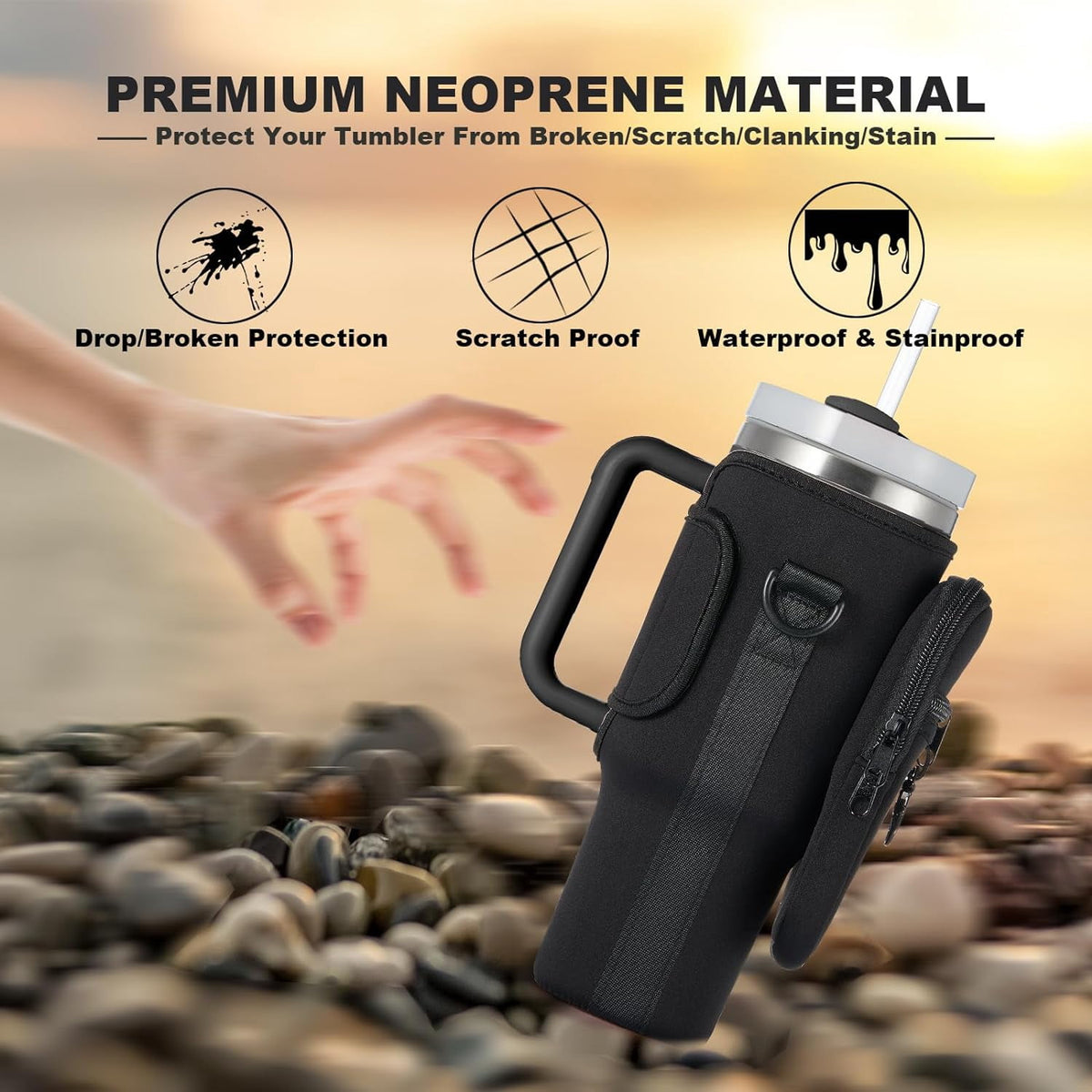 Neoprene Tumbler Carrier Bag with Phone Pocket, Fits 30 and 40 oz Cups, Adjustable Shoulder Strap, Black - Image 4