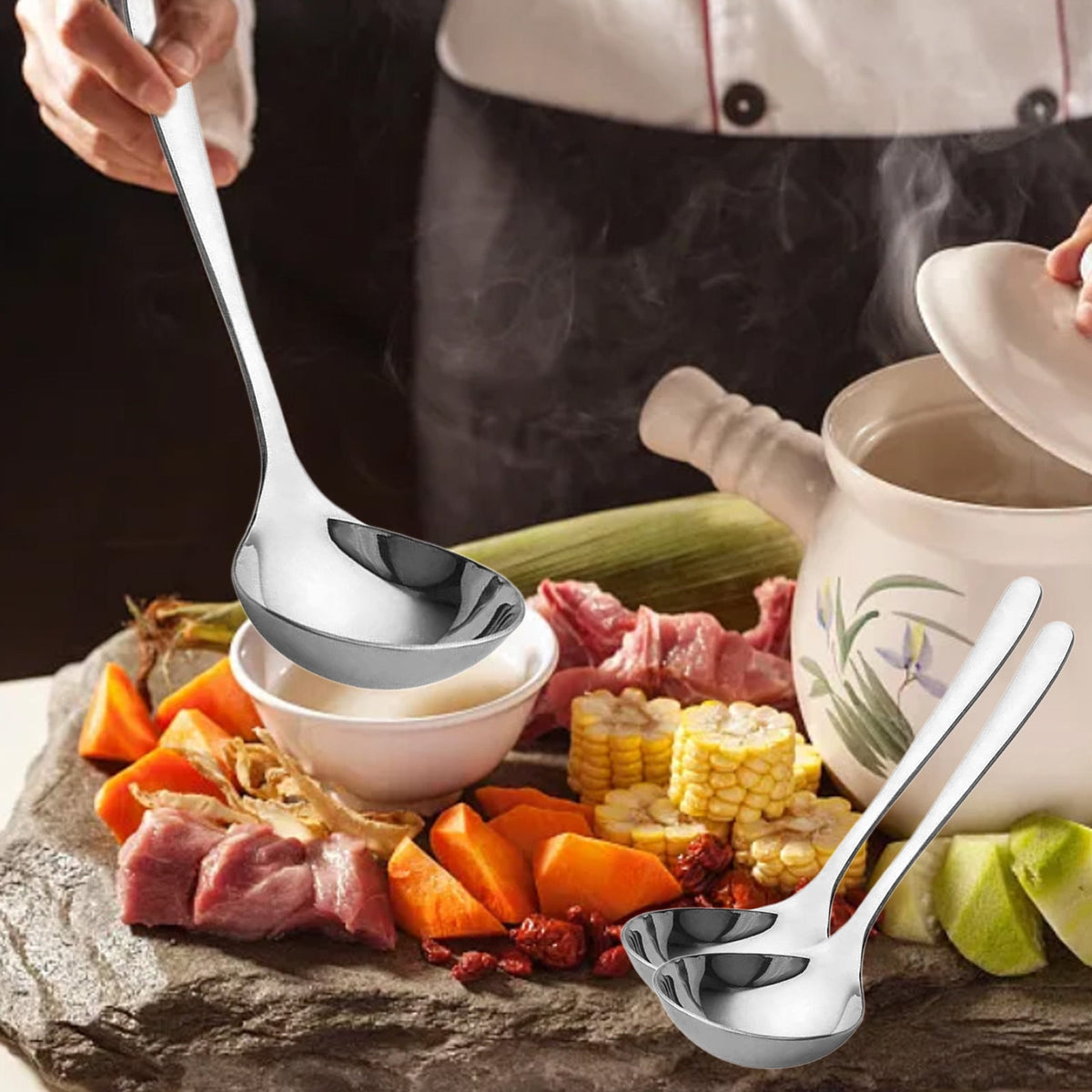 Small Stainless Steel Gravy Ladles, Set of 2, 8 Inch Sauce Spoons with Branch-Pattern Handles - Image 5