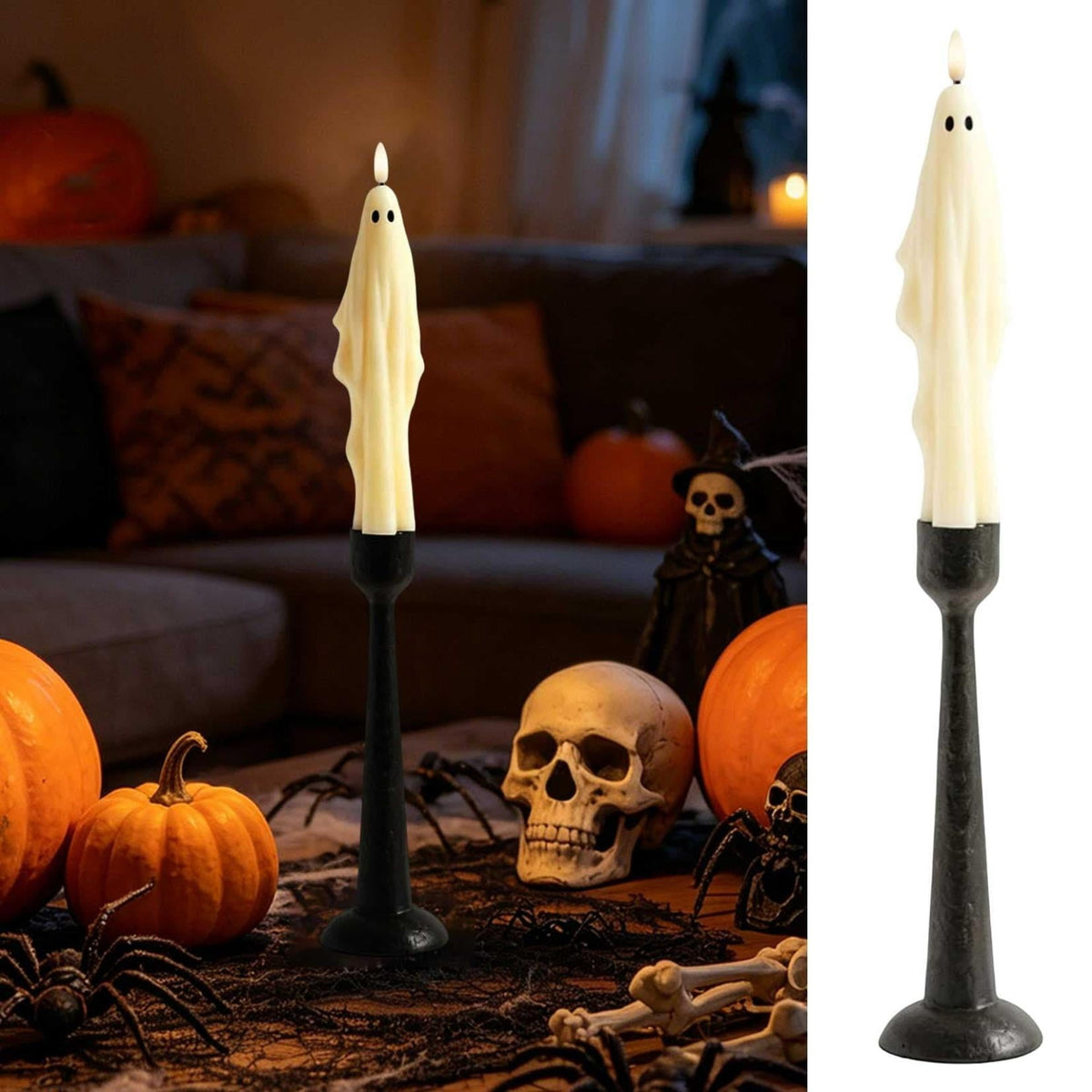 Ghost LED Taper Candle on Resin Holder, 9.5 Inch Flickering Tabletop Light for Halloween Mantels and Parties - Image 2