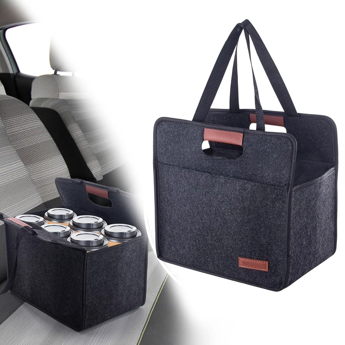 Felt Six-Bottle Drink Tote, Insulated PEVA-Lined Carrier with Dividers and Handle, Folds Flat, Black - Image 2