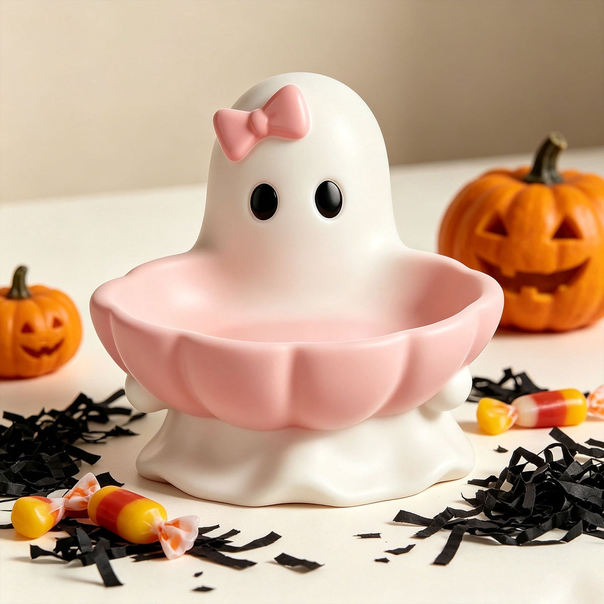 Ghost Figurine Candy Bowl with Pink Bow, 3.94 Inch Resin Treat Holder in Scalloped Shell for Halloween Tables - Image 2