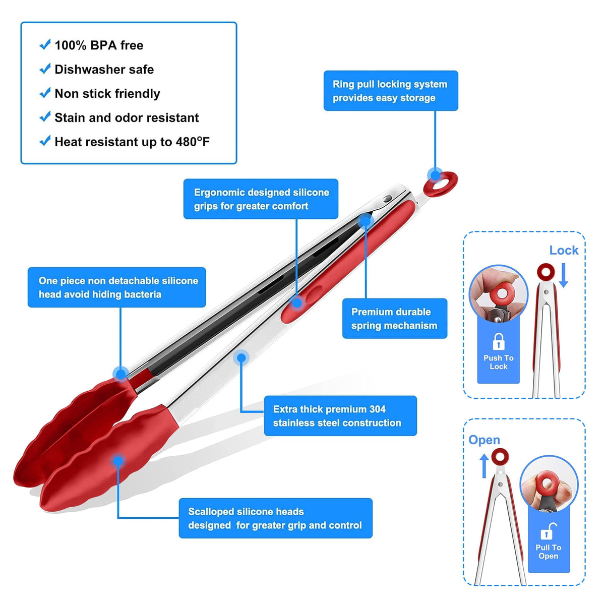 Locking Kitchen Tongs with Silicone Tips, Set of 3 in 7, 9 and 12 Inch, Stainless Steel, Red - Image 4
