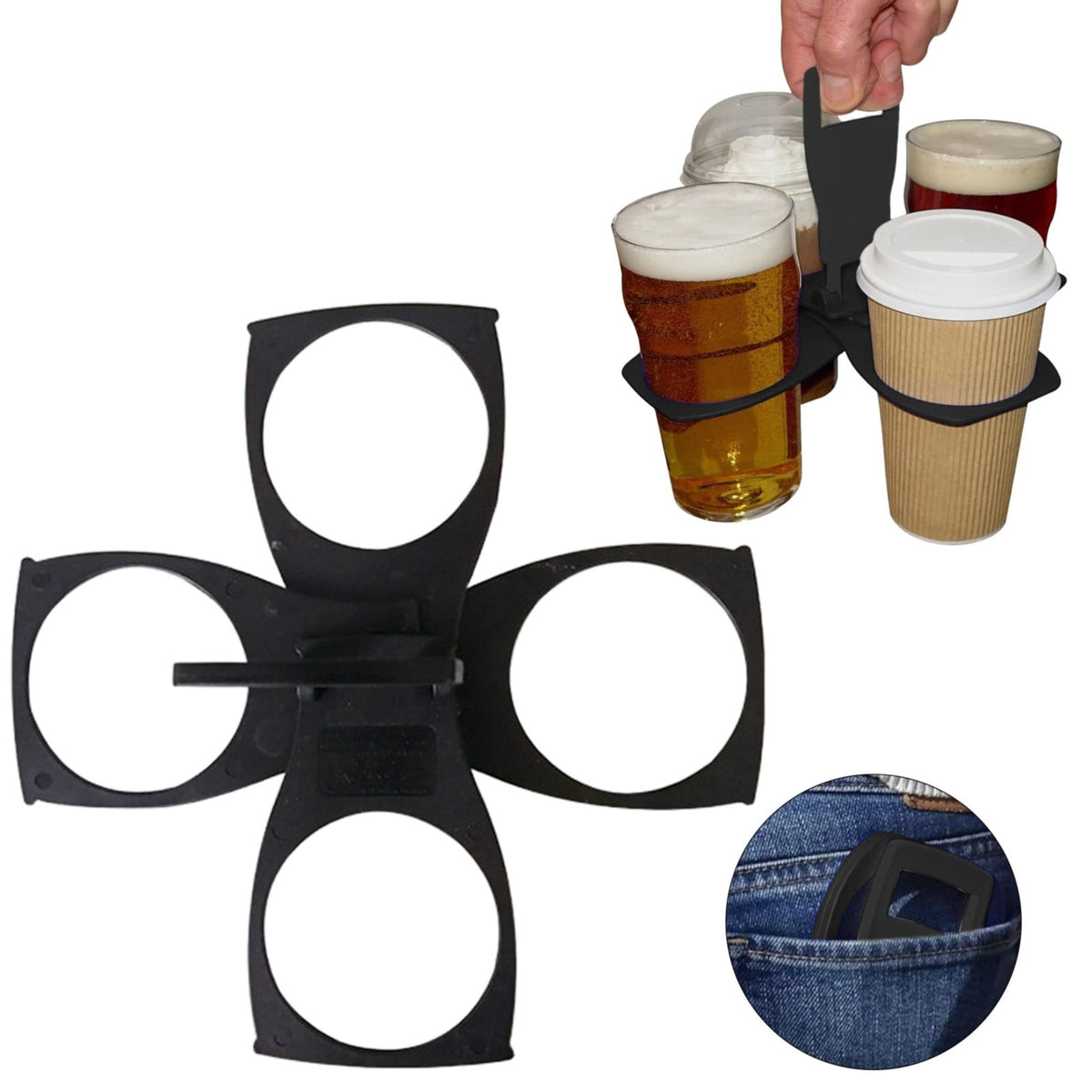 Collapsible Four-Cup Drink Caddy with Handle, Fold-Flat Black Plastic Carrier for Coffee Runs and Game Days - Image 2