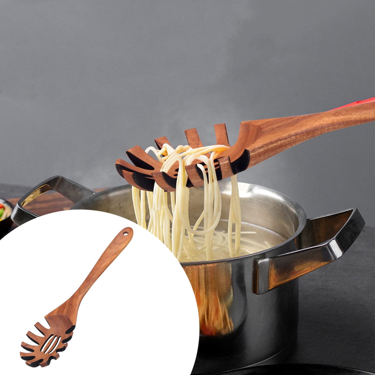 Acacia Wood Spaghetti Server, 12.6 Inch Slotted Pasta Spoon with Teeth for Serving from Large Pots - Image 3