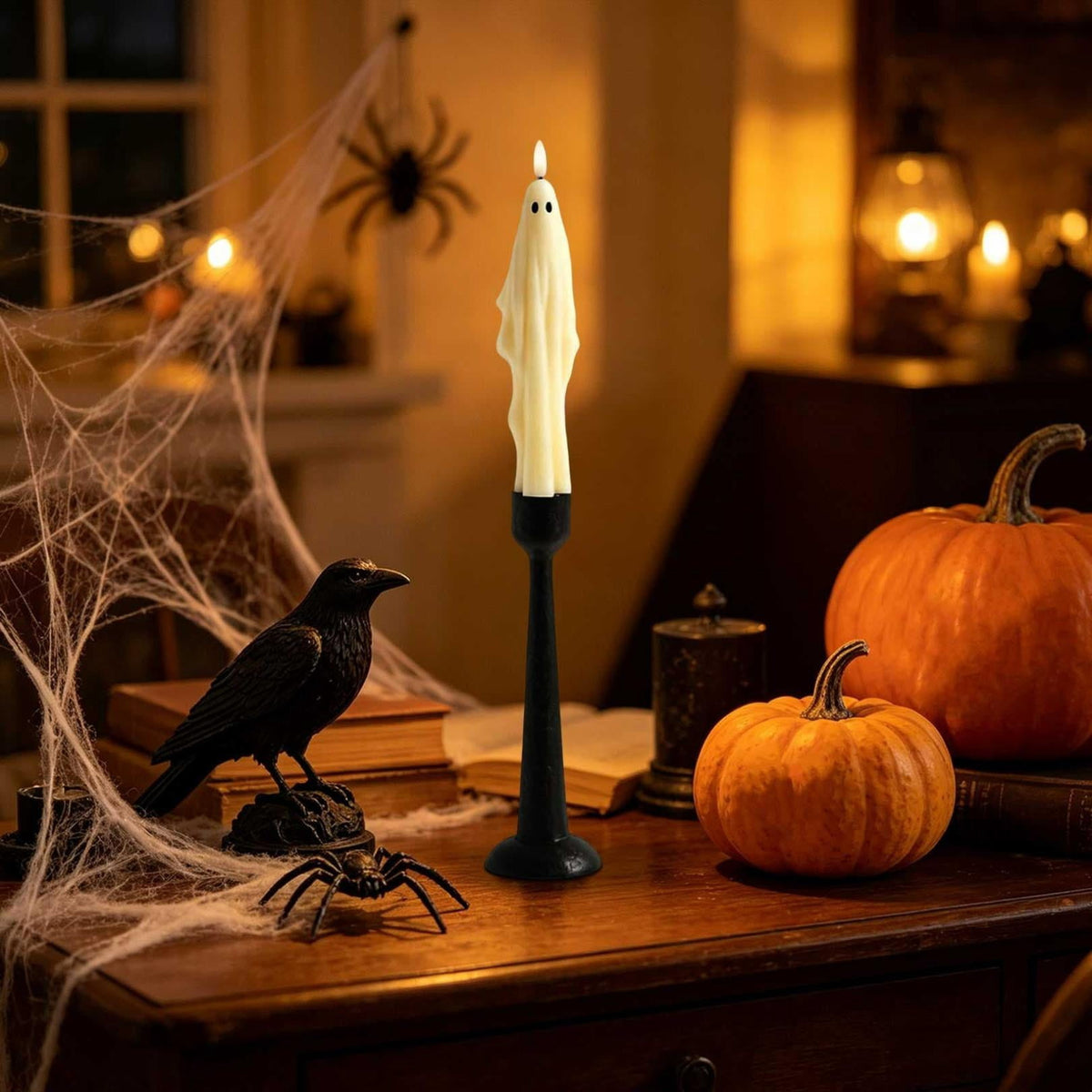 Ghost LED Taper Candle on Resin Holder, 9.5 Inch Flickering Tabletop Light for Halloween Mantels and Parties - Image 4