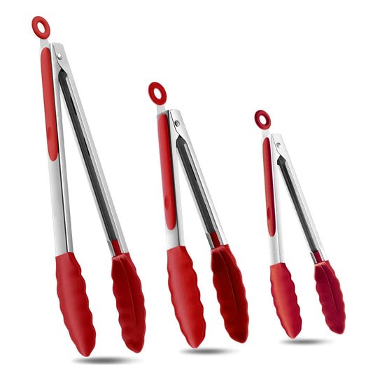 Locking Kitchen Tongs with Silicone Tips, Set of 3 in 7, 9 and 12 Inch, Stainless Steel, Red