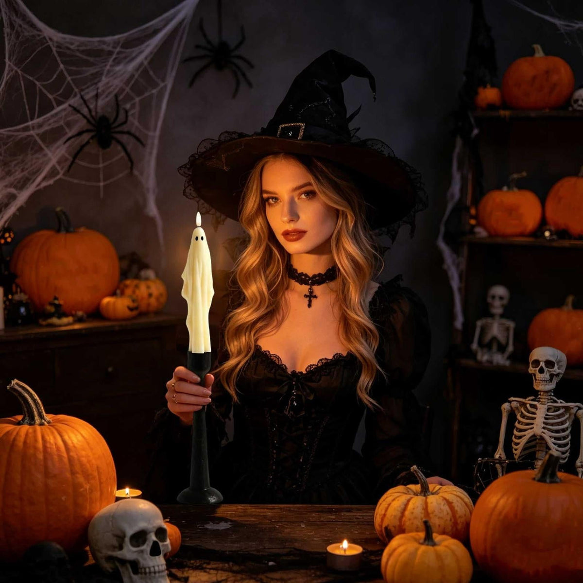 Ghost LED Taper Candle on Resin Holder, 9.5 Inch Flickering Tabletop Light for Halloween Mantels and Parties - Image 5