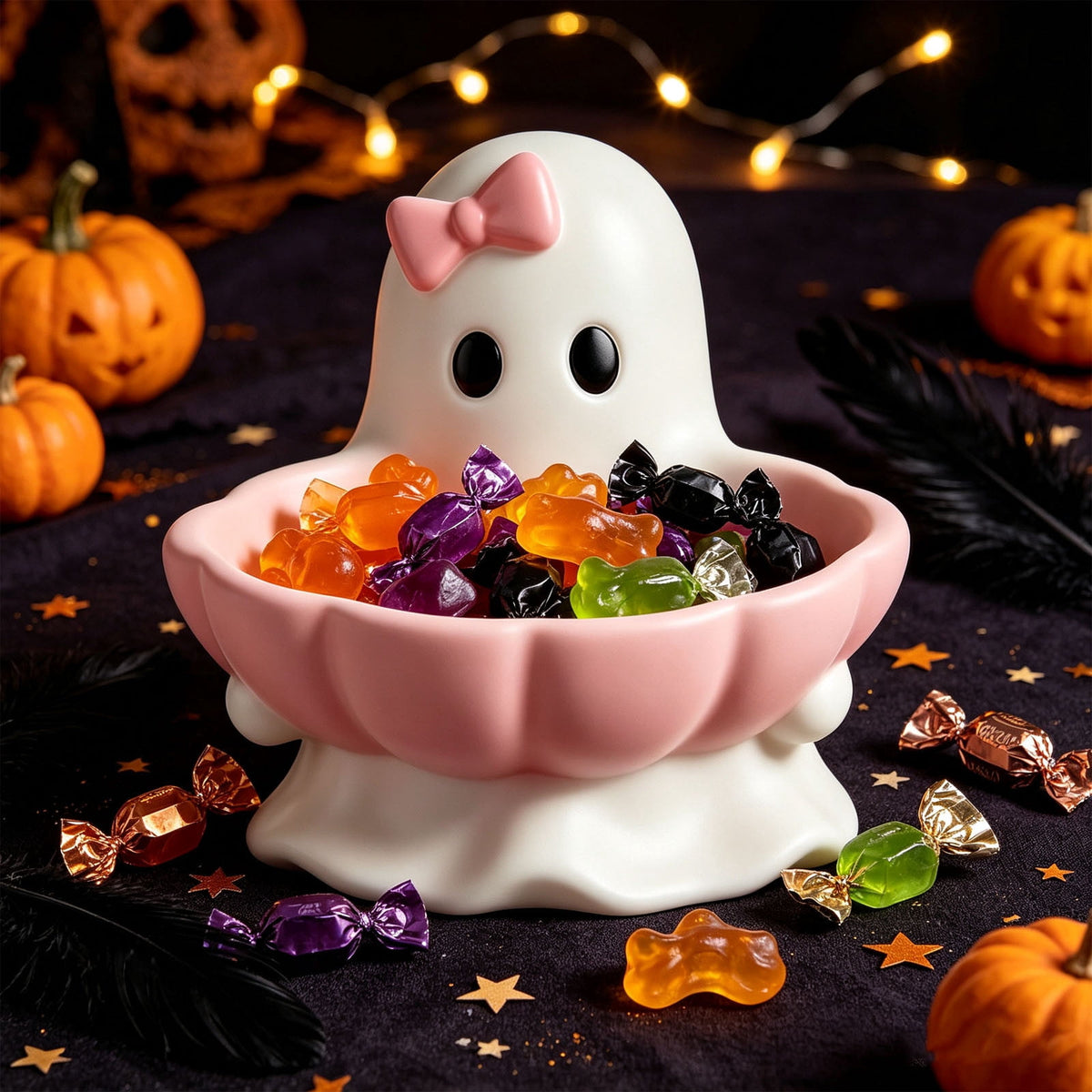Ghost Figurine Candy Bowl with Pink Bow, 3.94 Inch Resin Treat Holder in Scalloped Shell for Halloween Tables - Image 3