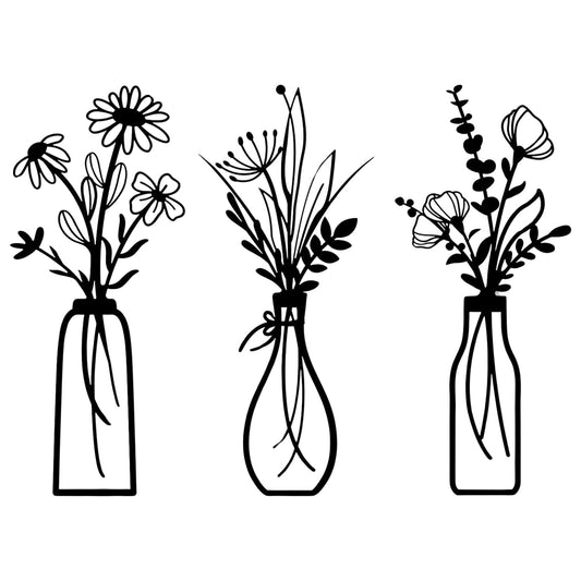Black Metal Flower Wall Art, Set of 3 Minimalist Hanging Stems for Rustic Farmhouse Walls