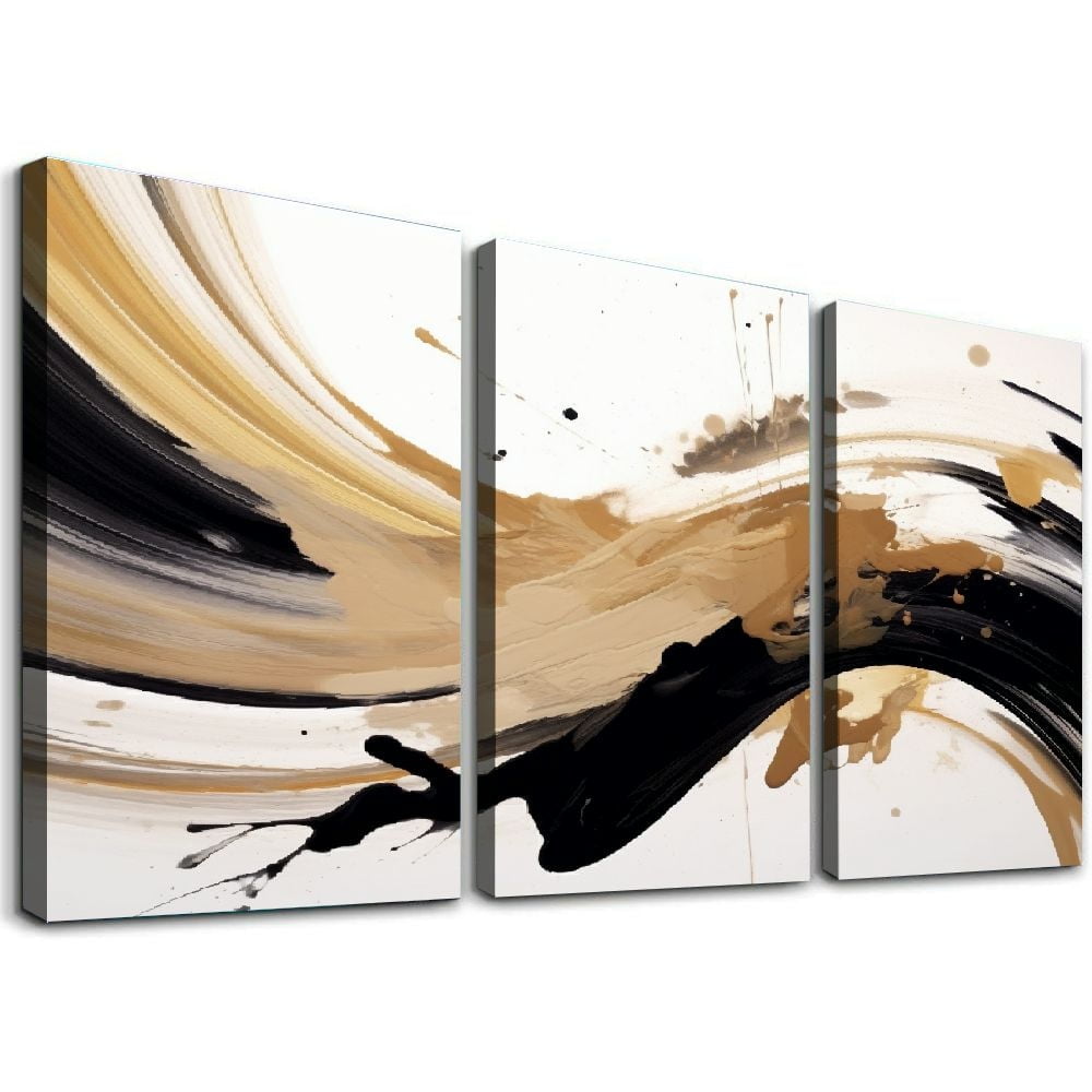 Abstract Canvas Wall Art, Set of 3 Panels, 12 x 16 Inch Black and Brown Minimalist Prints on Wood Frames