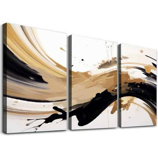 Abstract Canvas Wall Art, Set of 3 Panels, 12 x 16 Inch Black and Brown Minimalist Prints on Wood Frames
