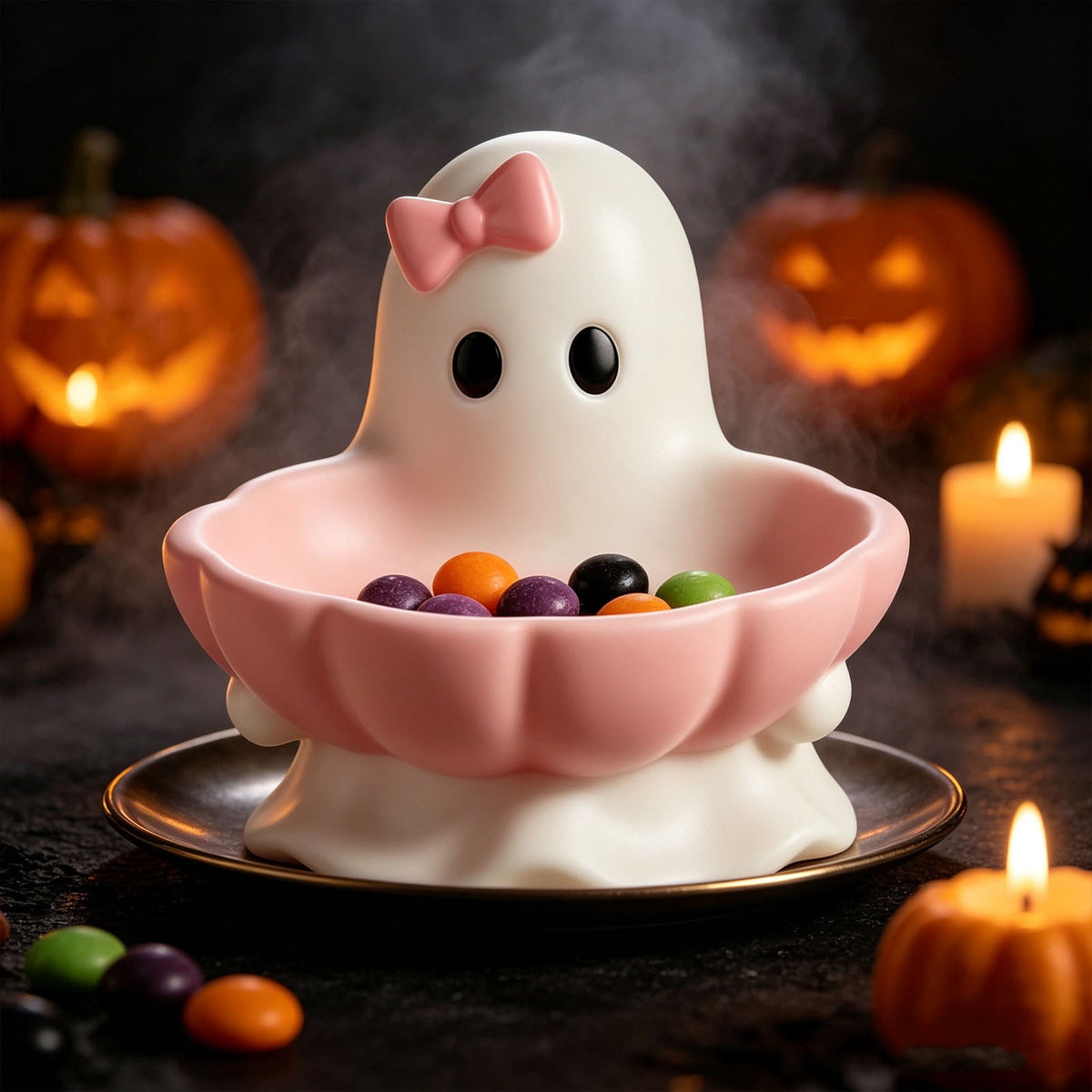 Ghost Figurine Candy Bowl with Pink Bow, 3.94 Inch Resin Treat Holder in Scalloped Shell for Halloween Tables - Image 5